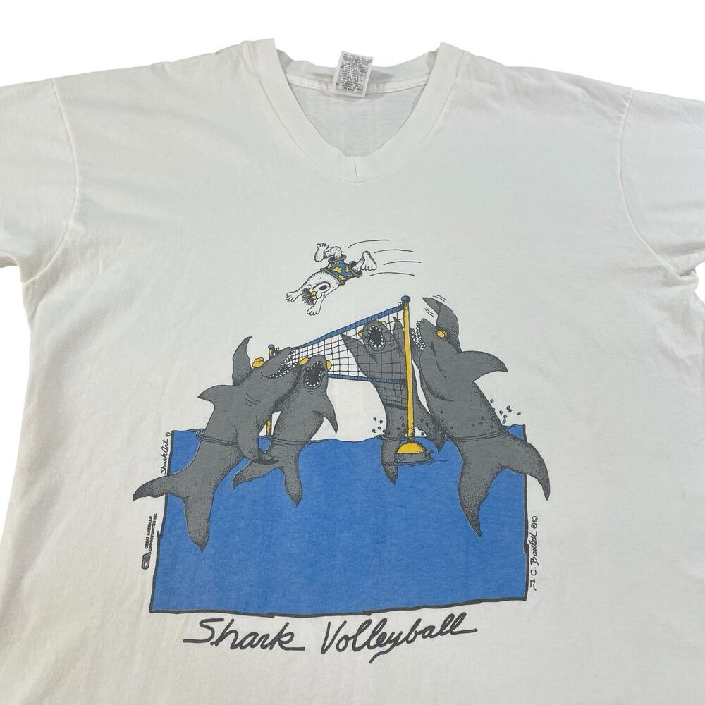 Vintage J C Bartlett Shark Volleyball T-Shirt One Size Fits All V-Neck 1990s